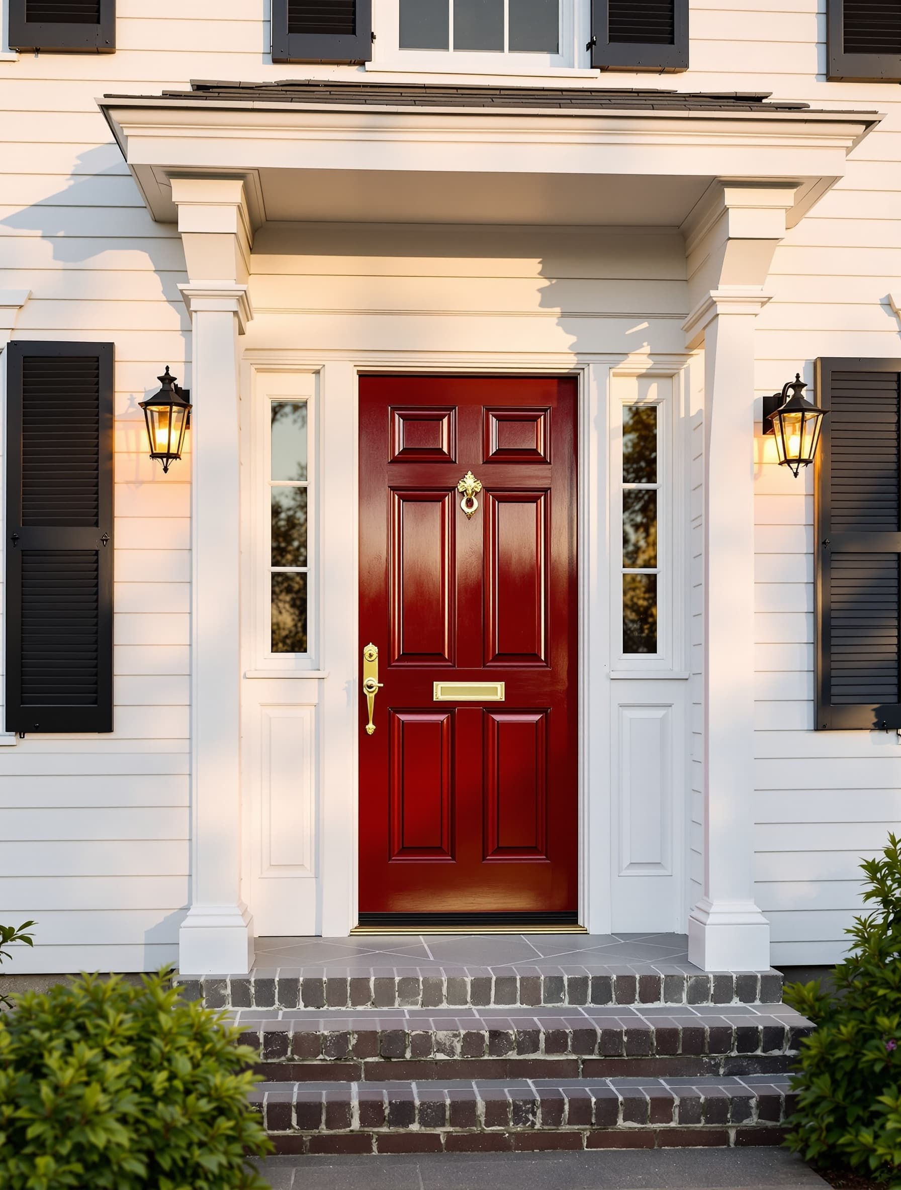 Plainview center-hall colonial with glossy cherry-red steel entry door